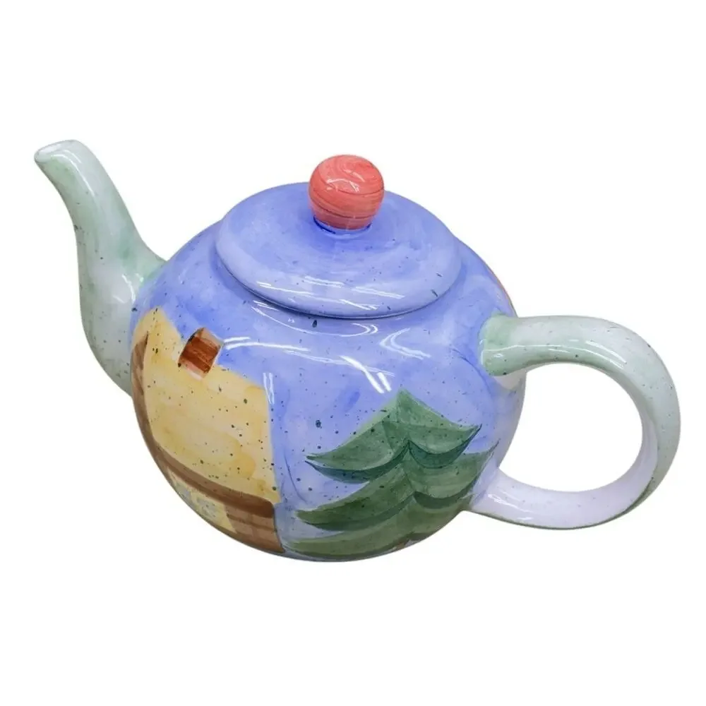Vintage 90's Bella Ceramica Sierra Rustic Hand Painted Winter Mountain Tea Pot